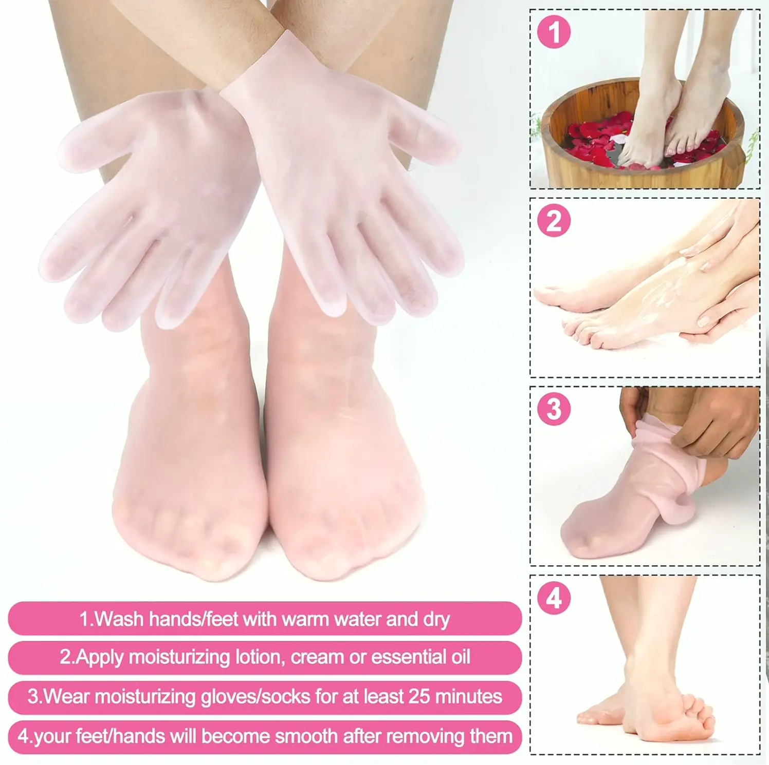 Moisturizing Socks & Gloves Kit with Gel, Plant Extract, Pink