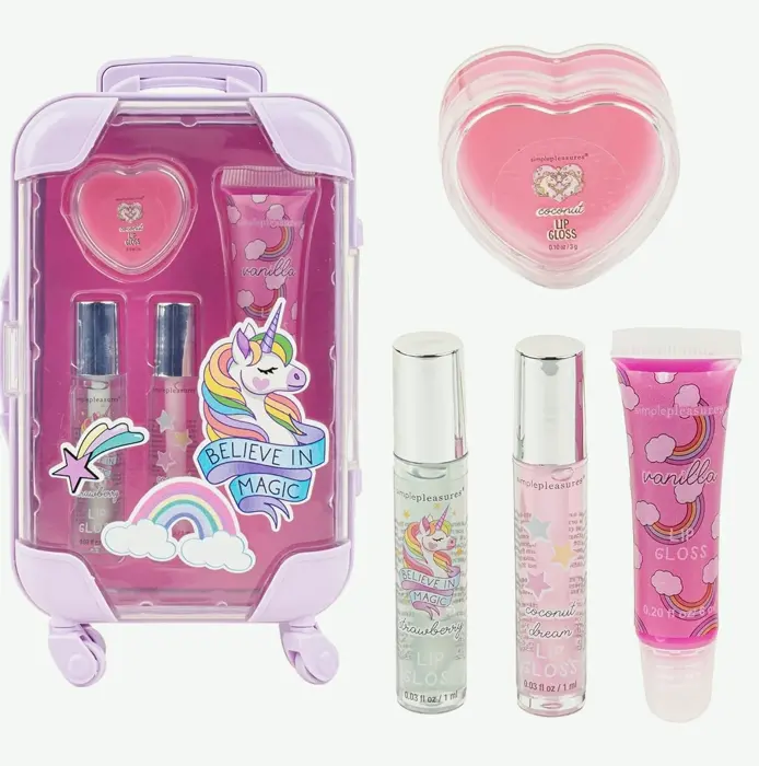 4-Piece Kids Lip Gloss Kit Fruity Flavored, Realistic Suitcase