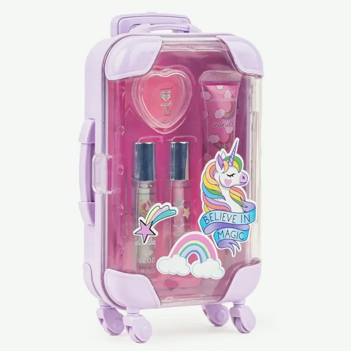 4-Piece Kids Lip Gloss Kit Fruity Flavored, Realistic Suitcase