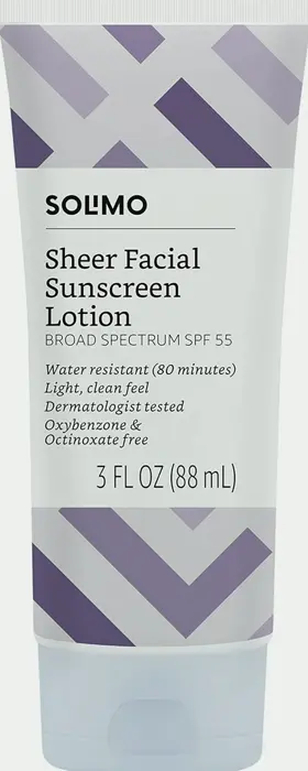 E-commerce Giant Label - Solimo Sheer Face Sunscreen SPF 55, Waterproof, Featherlight, 3 fl oz (Pack of 1)