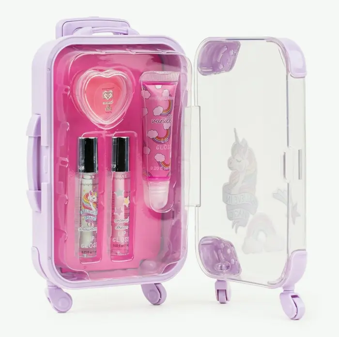 4-Piece Kids Lip Gloss Kit Fruity Flavored, Realistic Suitcase