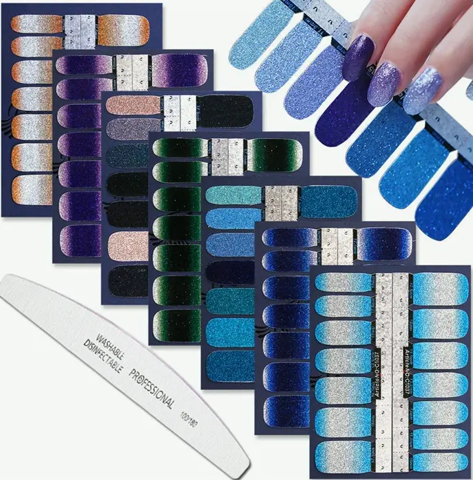 Wokoto 7 Pages Adhesive Nail Design Stickers Tips Glitter Gradient