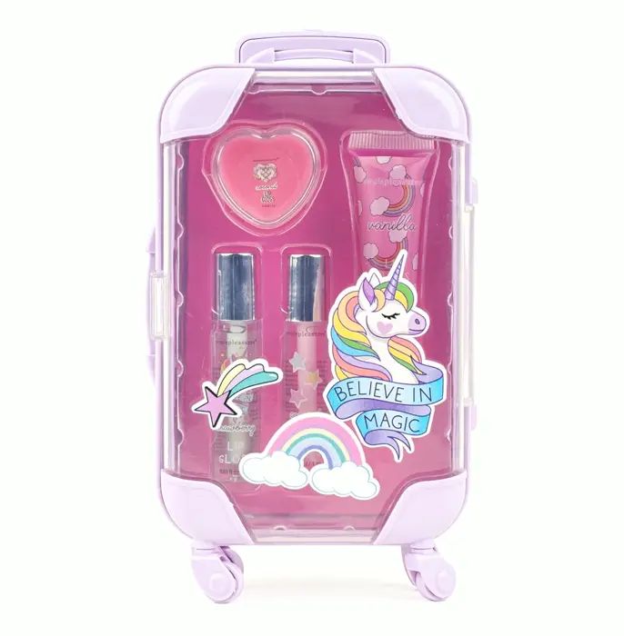 4-Piece Kids Lip Gloss Kit Fruity Flavored, Realistic Suitcase