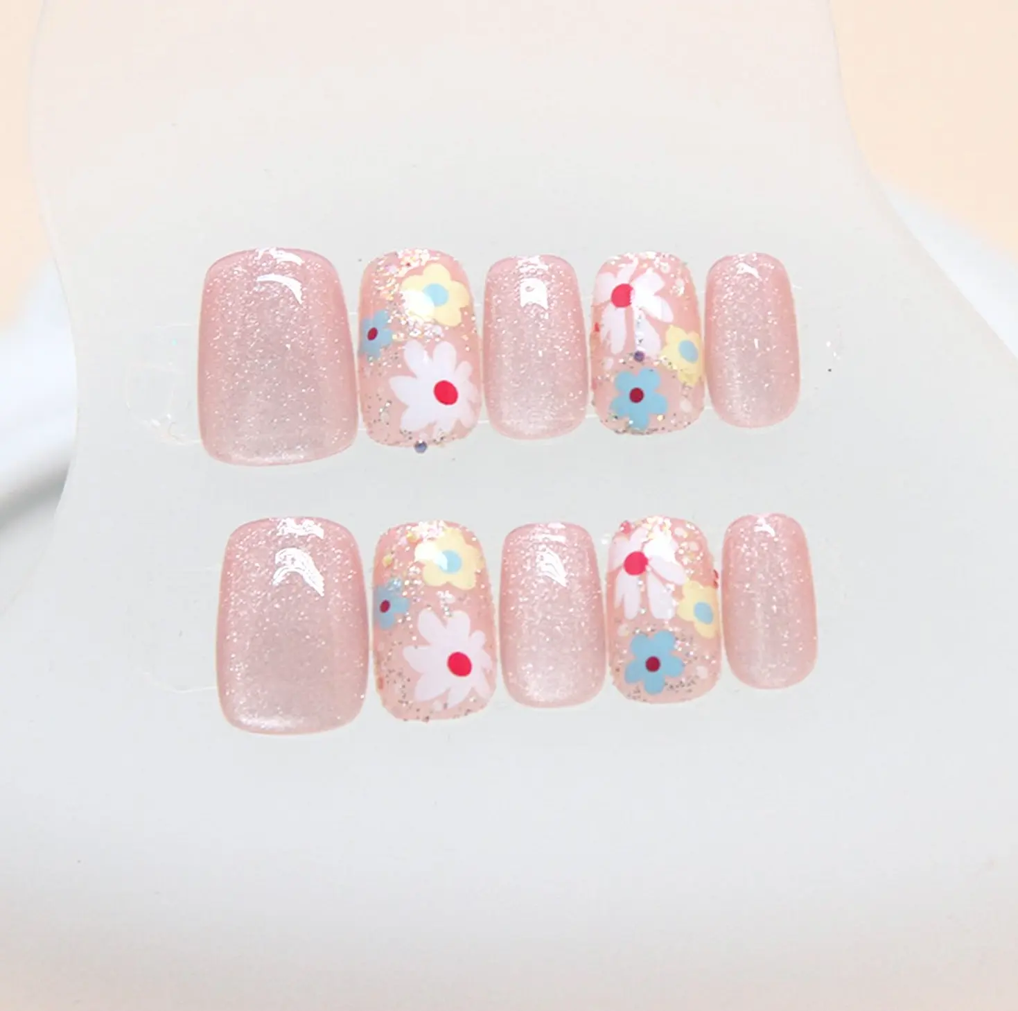 Spring Flower Press-On Nails with Sparkly Finish